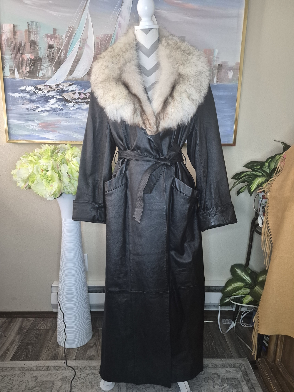 Newport News Black Leather Trench Coat with Light Beige Fur Collar